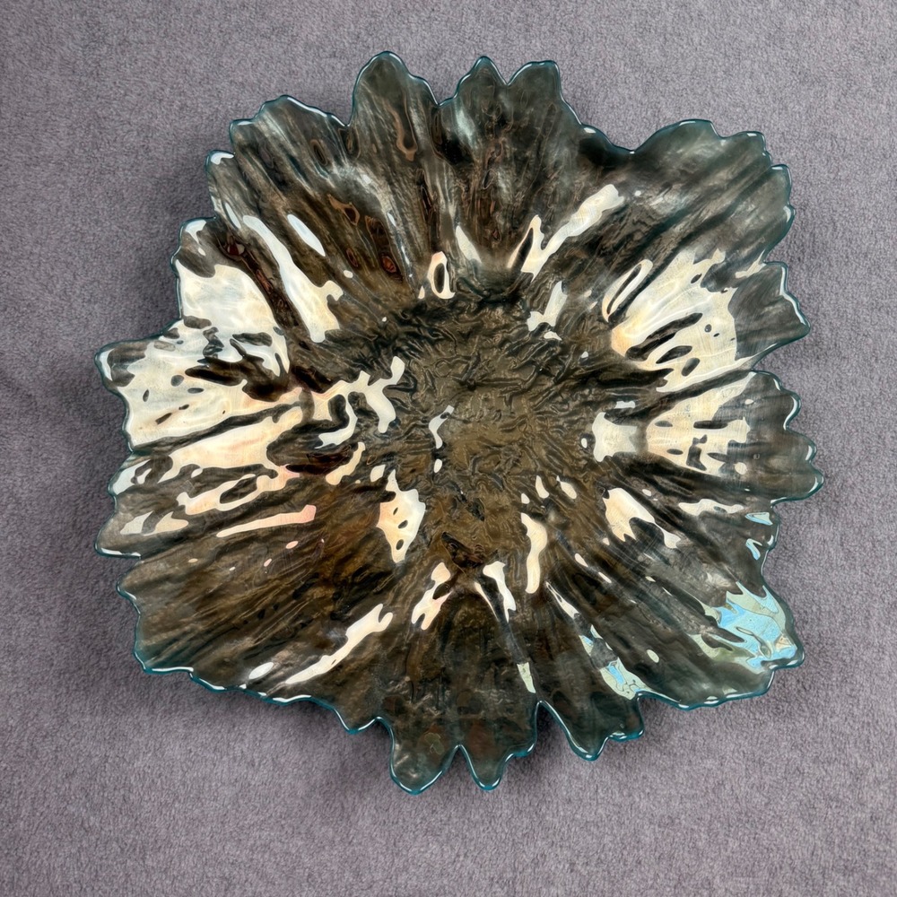 Iridescent Teal Blue Glass Sunflower Decorative Bowl Ruffled Centerpiece 12"